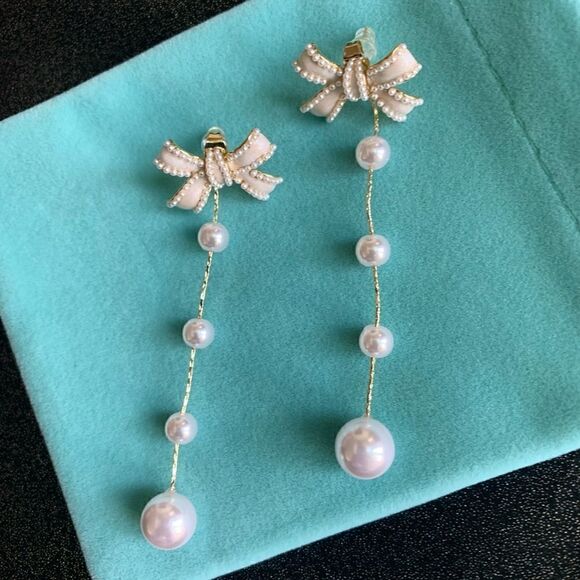 New Beautiful Bow-knot With Pearl Long Tassel Earrings 2 in 1 - Picture 2 of 12